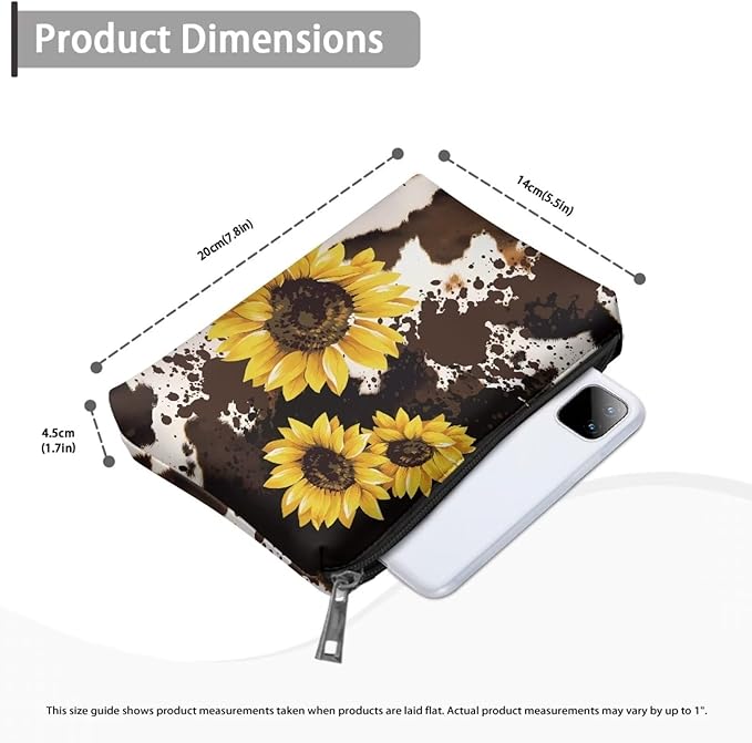COEQINE Sunflower Cosmetic Bag for Women Leather Soft Cosmetic Bag With Black Cosmetic Purse for Travel Birthday Party Cow Print Cosmetic Purse With Zipper for Ladies Cell Phone Purse