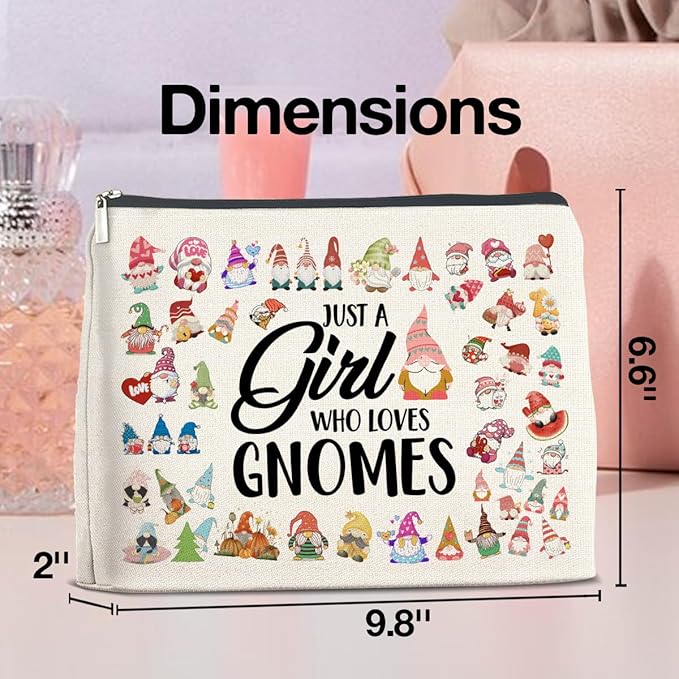Gnome Lover Makeup Bag - Gifts for Women, Girl, Daughter, Sister, Bestie - Just a Girl Who Loves Gnomes Zipper Makeup Pouch