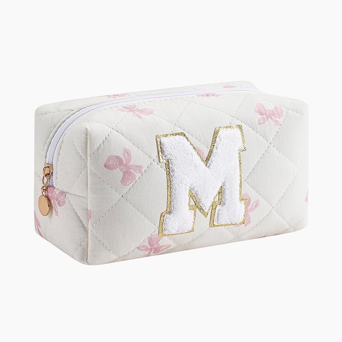 Gleyemor Personalized Initial Makeup Bag for Women, Cute Quilted Pink Floral Cotton Cosmetic Bag, Christmas Gifts for Her Mom Friend Sister Bridesmaid Teacher Women M