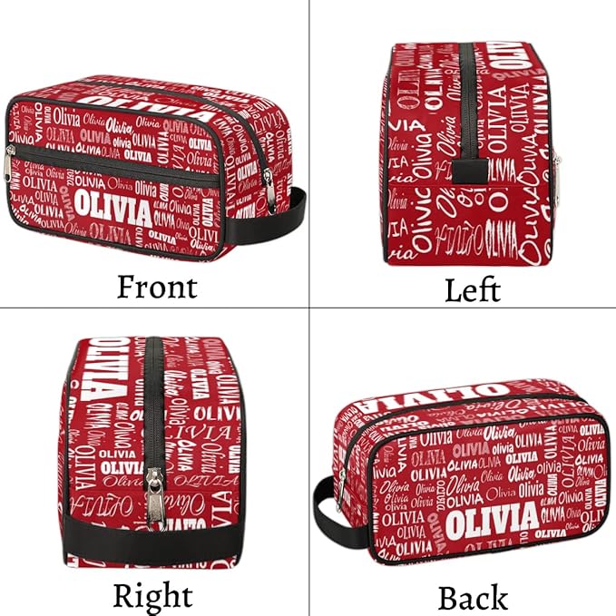 Custom Makeup Toiletry Bag, Personalized Red Travel Cosmetic Organizer Case Portable Bag with Zipper