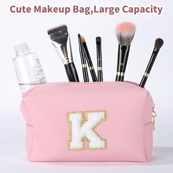MSQ Personalized Makeup Bag Initial A-Z Patch Bag, PU Leather Cosmetic Bag Pouch Travel Toiletry Bag with Zipper, Gift Ideal for Teen Girls Friend Mom Women Birthday(Pink K)