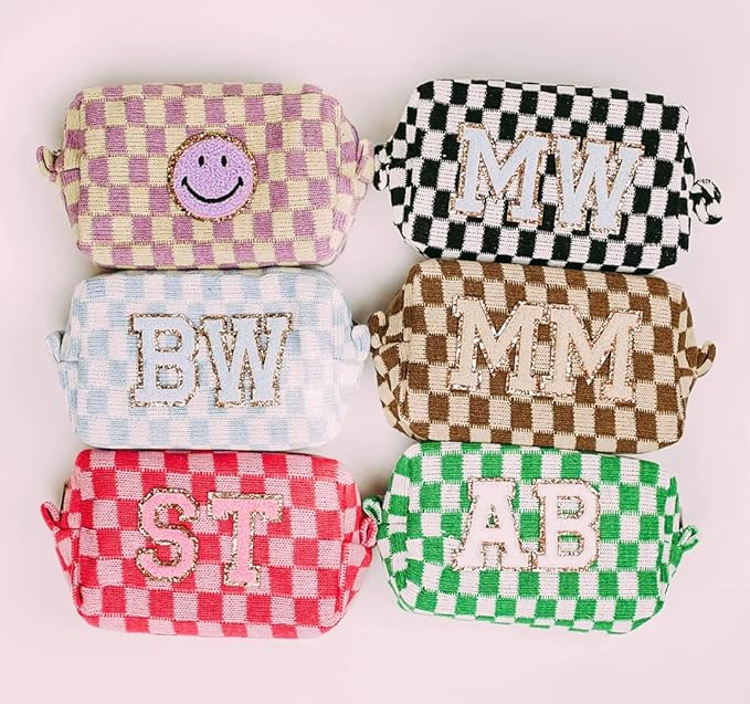 SOIDRAM 6 Pcs Checkered Makeup Bag Preppy Cosmetic Bag Bulk Pink Black Makeup Pouch Personalize Travel Toiletry Bag Organizer Cute DIY Makeup Brushes Storage Bag for Women