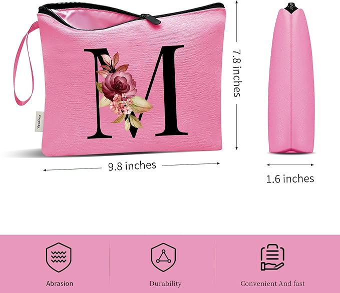 Vavabox A-Z Personalized Makeup Bag, Birthday Gifts for Women Mom, Gifts for Best Friend, Bride Bridesmaid Cosmetic bag (M, Peach)
