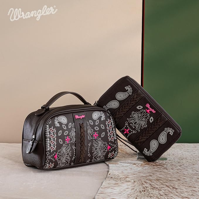 Montana West Wrangler Makeup Bag for Women Small Cosmetic Toiletry Bags Western Paisley Make Up Pouch Durable Cute Travel Purse, Coffee