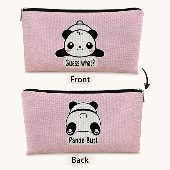 Panda Gifts Pink Makeup Bag, Cute Baby Panda Guess What It's Pug Butt Cosmetic Bag, Travel Toiletry Bag for Daughter, Canvas Zipper Pouch