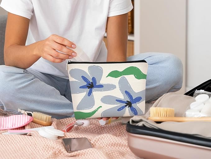 Floral Makeup Organizer, Blue Flower Cosmetic Bag, Small Makeup Bag for Women & Girls, Gifts