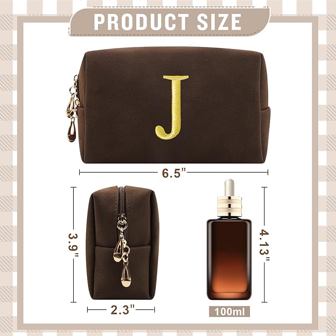 Personalized Initial Makeup Bag,Preppy Suede Cosmetic Bag for Teen Girls,Small Monogram Travel Toiletry Bag With Gold Embroidered Letter,Trendy Stuff Custom Christmas Gift for Women(Coffee-J)