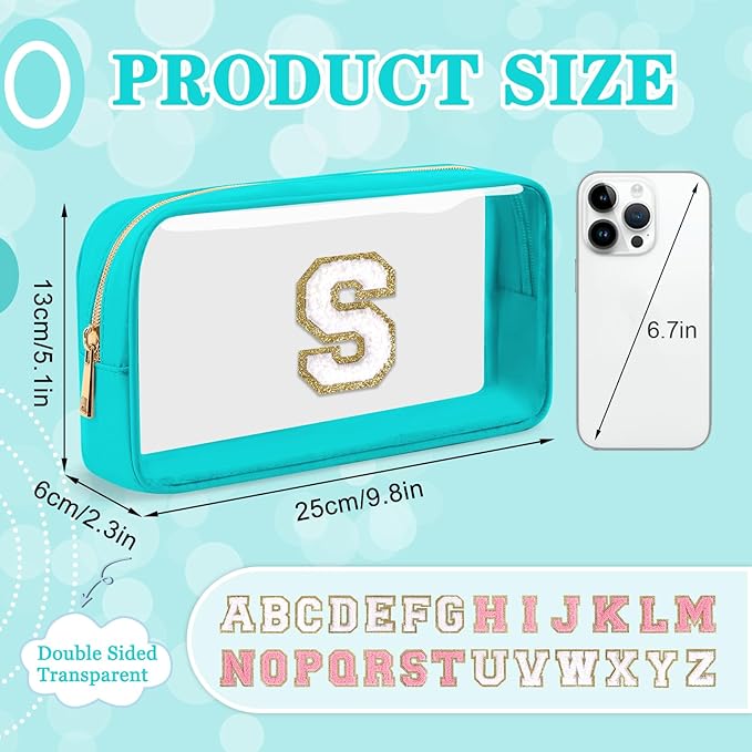 Small Clear Personalized Initial Makeup Bag,Nylon Preppy A-Z Chenille Letter Patch Cosmetic Pouch Beach Toiletry Bag,Waterproof Zipper Travel Purse Storage Bag Organizer for Women Girls(Cyan-White S)