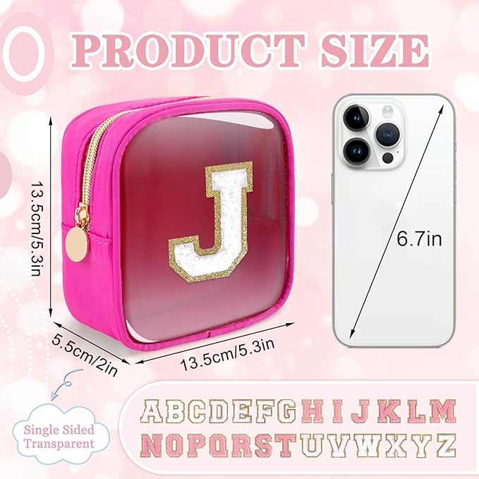 Mini Clear Personalized Initial Makeup Bag,Nylon Preppy A-Z Chenille Letter Patch Zipper Cosmetic Bag, Small Cute Beach Pouch Travel Purse Sanitary Napkin Storage Bag for Women Girls(Hot Pink-White J)