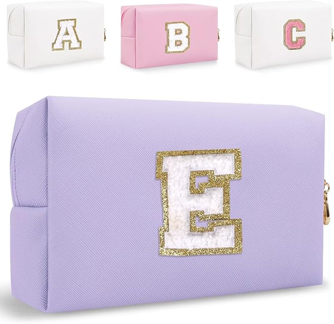 Small Personalized Letter Makeup Bag, Cute PU Leather Chenille Letters Cosmetic Bag Travel Makeup Pouch, Preppy Travel Organizer Zipper Pouch for Women&Girls（Purple-E）