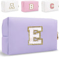 Small Personalized Letter Makeup Bag, Cute PU Leather Chenille Letters Cosmetic Bag Travel Makeup Pouch, Preppy Travel Organizer Zipper Pouch for Women&Girls（Purple-E）