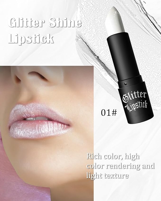 White Diamond Glitter Matte Lipstick, Gothic Shiny Lip Gloss, Sparkling High Pigment Longlasting Waterproof Smudgeproof Non-Stick Lipstick, Shimmer Lip Blam for Stage,Cosplay, Party Makeup-01