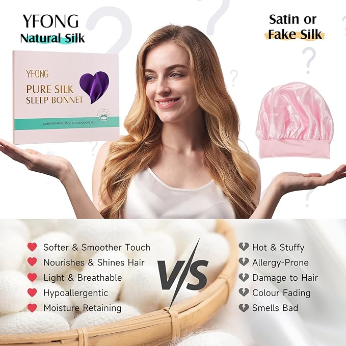 YFONG 100% 22 Momme Mulberry Silk Bonnet for Sleeping Women, Larger Double Layer Silk Hair Wrap for Curly Short Long Hair, Non-Slip Sleep Cap Turban with Elastic Tie Band (Purple & Yellow)