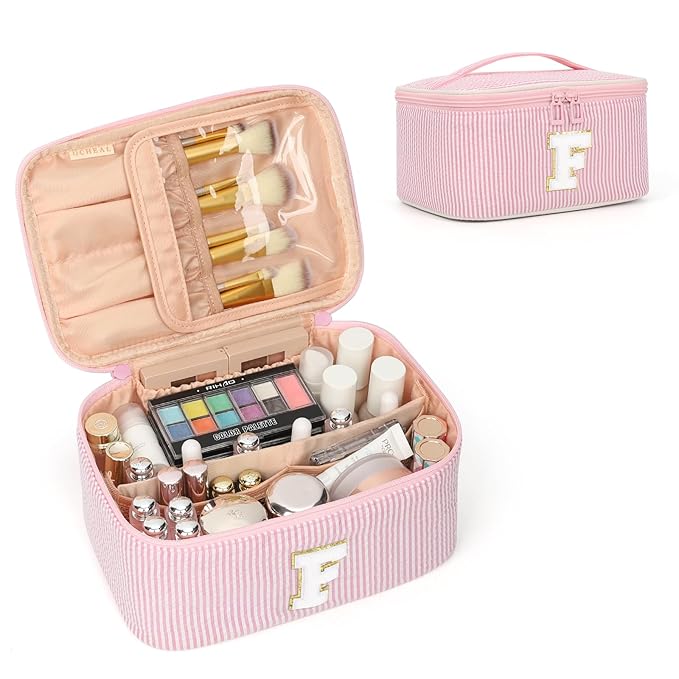 OCHEAL Makeup Bag for Women, Monogram Cosmetic Bag with Brush Holder, Pink Travel Makeup Case Beauty Toiletry Bag Organizer Personalized Gifts for Girls Bridesmaid, Sister, Wife, Friends Initial F