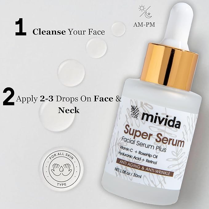 mivida 4-in-1 Anti-Aging Serum for face | Retinol, Vitamin C, Hyaluronic Acid & RoseHip Oil | Reduces Fine Lines, Wrinkles | multi benefit Face Super Serum – 1 Fl Oz