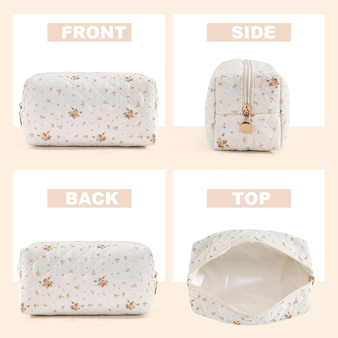 Makeup Bag Travel Toiletry Bag for Women, Small Cosmetic Bags Cute Quilted Cotton Makeup Pouch for Purse Emergency Bag for School Floral Pencil Case Accessory Bag, Orange Floral