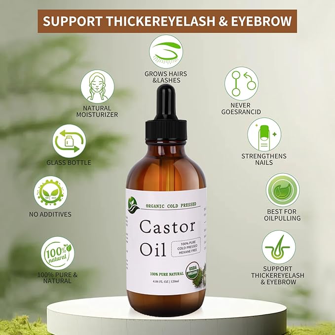 Castor Oil-Castor Oil Organic Cold Pressed Unrefined Glass Bottle-Organic Certified 100% Pure Castor Oil,Hexane Free,Organic Castor Oil for Face,Hair Growth,Eyelashes,Caster 4.23fl.oz/120ml