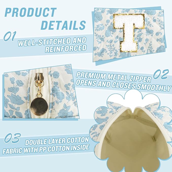 Personalized Quilted Cosmetic Bag, Puffy Monogrammed Christmas Birthday Gifts for Women & Girls, Cute initial Floral Makeup Bag Puffer Coquette Bag, Aesthetic Travel Toiletry Zipper Pouch(Blue,T)