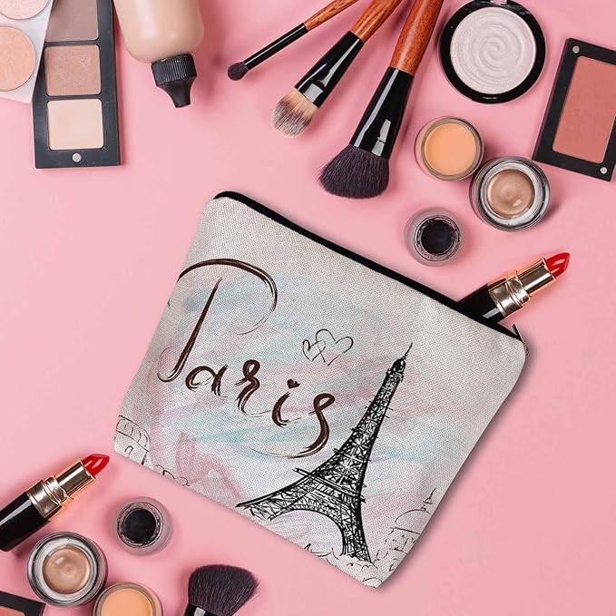 Women Cosmetic Bag Eiffel Tower, Watercolor Paris Eiffel Tower Cute Makeup Bag For Purse Cosmetic Travel Bag For Toiletries Makeup Storage Bag Flax Skincare Bag Make Up Pouch Bags