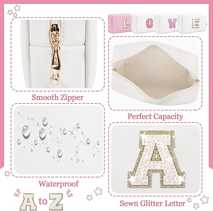 Personalized Initial Letter Makeup Bag, Preppy Glitter Letter Patch Cosmetic Pouch Zipper,PU Waterproof Travel Toiletry Bag Cute Makeup Organizer Monogrammed Make Up Bag,Gift for Women Girls