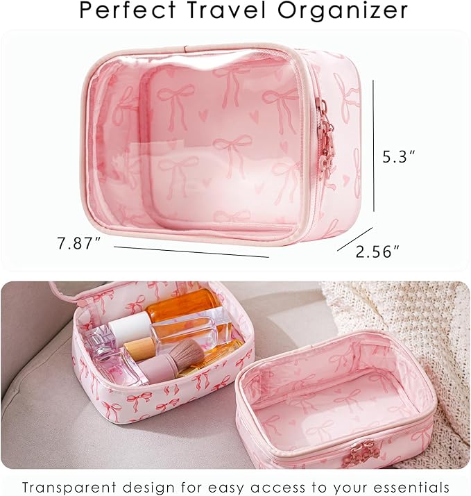 Cute Clear Makeup Bag with Bow Patten,Transparent Nylon Travel Cosmetic Case with Zipper,Portable Makeup Organizer Pouch for Essentials(04Pinkbow-pink)