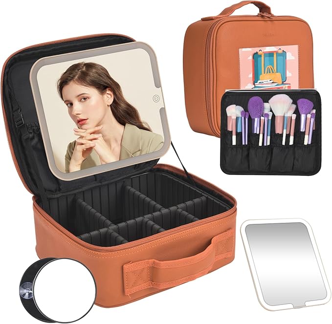 Travel Makeup Bag with LED Mirror,Removable Mirror with 3 Color Modes,Portable makeup travel organizer for Women,Makeup Case with 8 Adjustable EVA Dividers,Cosmetic Train Case with Lighted Mirror