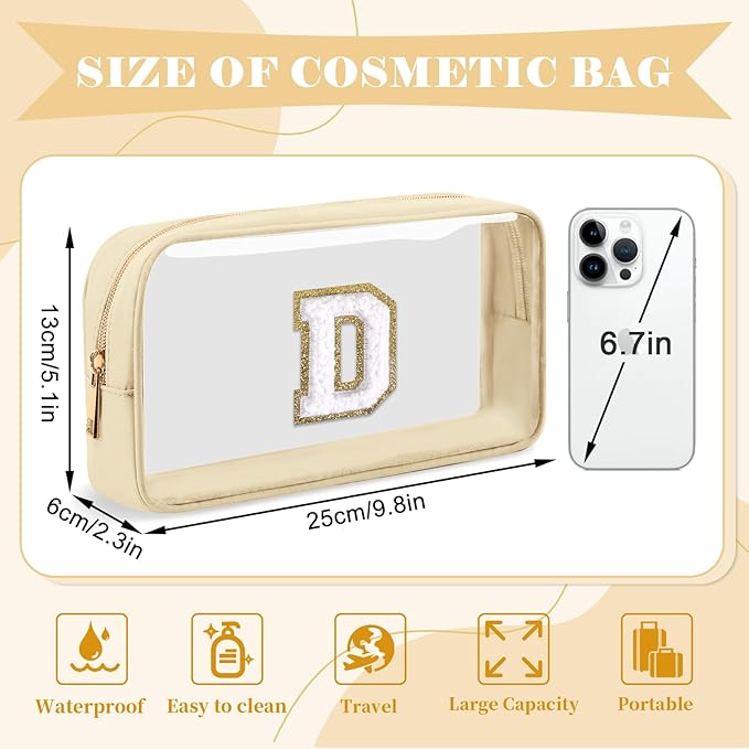 Personalized Initial Letter Clear Makeup Bag,Preppy Small Nylon&PVC Cosmetic Zipper Bag with Chenille Letter,Portable Beach Travel Skincare Toiletry Bag,Trendy Monogram Gift for Teen Girls Women,D