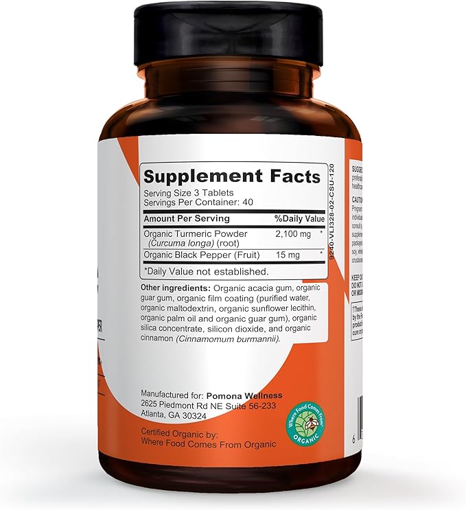 Pomona Wellness Organic Turmeric Supplement 2100 mg, USDA Organic, Non-GMO, Vegan, Turmeric Curcumin with Black Pepper for Absorption, for Joint Support and Immunity, 120 Tablets