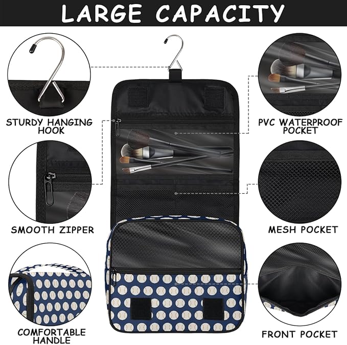 Travel Toiletry Bag for Women & Men Baseball Sports Blue Hanging Cosmetic Organizer Portable Waterproof Makeup Case Make Up Bag with Compartments Travel Essentials for Bathroom Shower