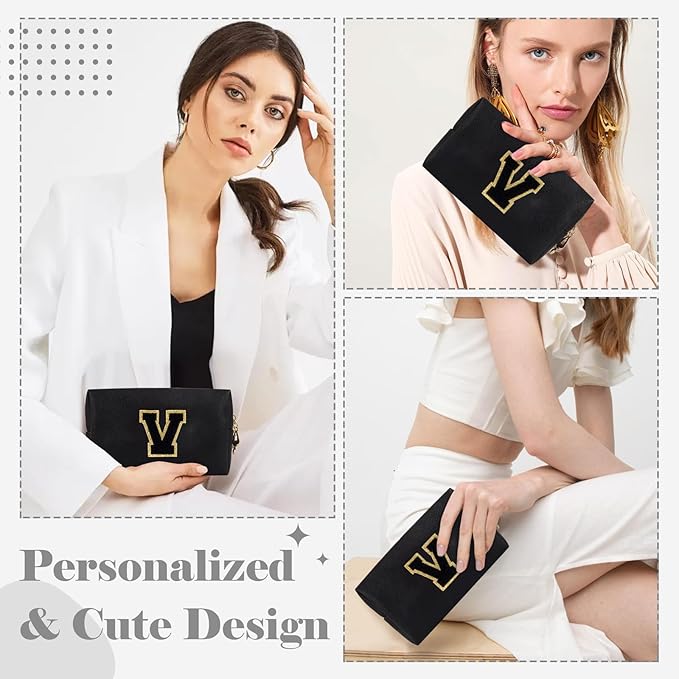 Personalized Initial A-Z Preppy Patch Makeup Bag,Small PU Chenille Letter Cosmetic Bag with Zipper for Teen Girls,Black Cute Toiletry Organizer Bag,Monogram Makeup Case Gift for Women Girls,Letter V