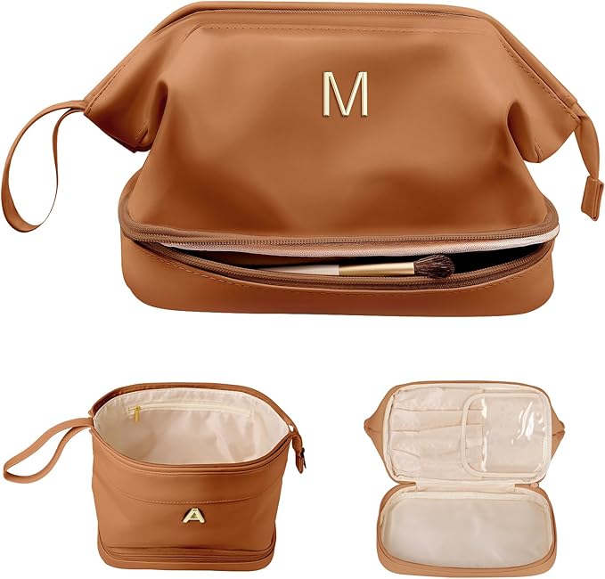 Gifts for College Girls, Personalized Makeup Bag, Monogrammed Gifts, Initial Double Layer Cosmetic Bag with Makeup Brush Organizer, Travel Toiletry Bag, Gifts for Friends, Teen Girl Gifts