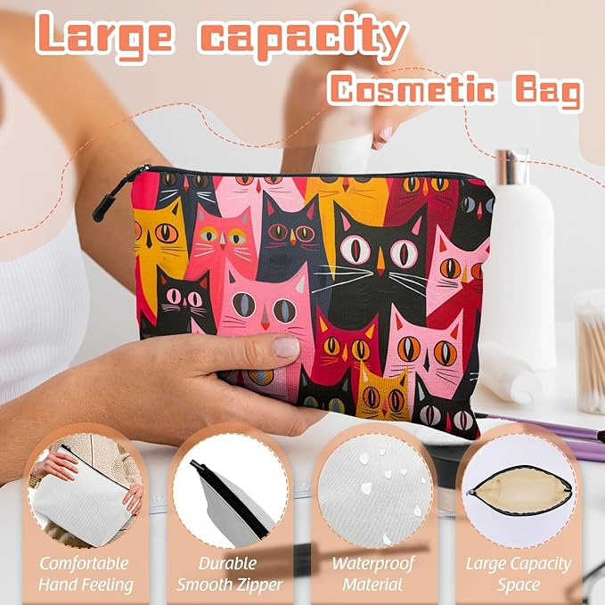 Cosmetic Bags Travel Makeup Toilet Case Waterproof Pouch for Women Girls 6.7X9.45inches - Multicolored Cat Portraits in A Tight Arrangement