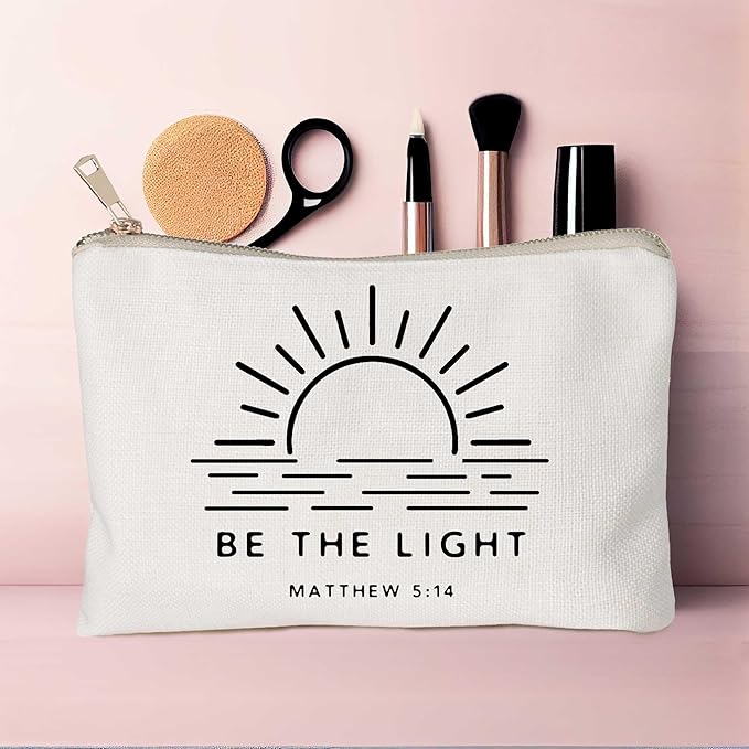 Be The Light Matthew 5:14 Gift Makeup Case Believe Cosmetic Bag Self Love Religious Makeup Pouch Linen Cotton Bag Vintage Christian Bible Verse Sunshine Inspirational Gift
