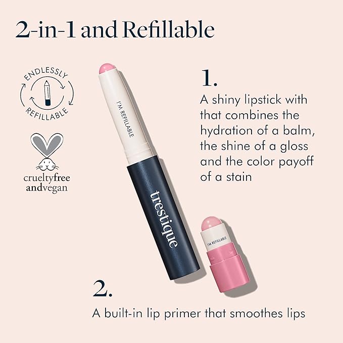 TRE'STIQUE Prime And Shine Lip Crayon, Refillable Shiny Lipstick With Built-in Lip Primer, Clean Beauty Makeup, Lipstick For Women, 2-in-1 Glossy and Primer