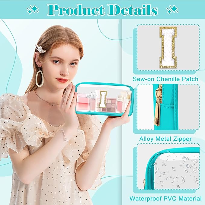 Personalized Initial Letter Clear Makeup Bag,Preppy Small Nylon&PVC Cosmetic Zipper Bag with Chenille Letter,Portable Beach Travel Skincare Toiletry Bag,Trendy Monogram Gift for Teen Girls Women,I