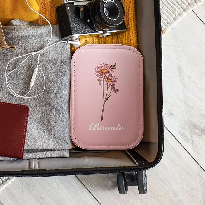 Custom Birth Flower Travel Makeup Bag With LED Mirror Leather Personalized Name Makeup Organizer Portable Jewelry Organizer Case Birthday Christmas Gifts For Women Daughter Mother