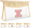 Small Boho Straw Initial Letter Makeup Bag Personalized Gift ,Cute Clear Chenille Patch Makeup Bag With Zipper,Trendy TSA Approved Travel Toiletry Bag,Gift for Women Girls Birthday Friend, Letter X