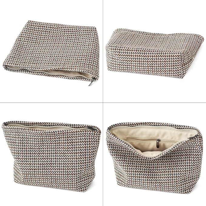 Large Capacity Plaid Tweed Makeup Bag - Travel Cosmetic Pouch & Toiletry Organizer with Zipper, Cloth Make Up Organizer for Daily Use, Gift for Women
