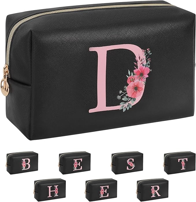 Personalized Initial Makeup Bag, Birthday Gifts for Women and Girls, Small Makeup Pouch Travel Toiletry Bag, Make Up Organizer Bag Gift Trendy Stuff for Friend Mom Teacher, Black