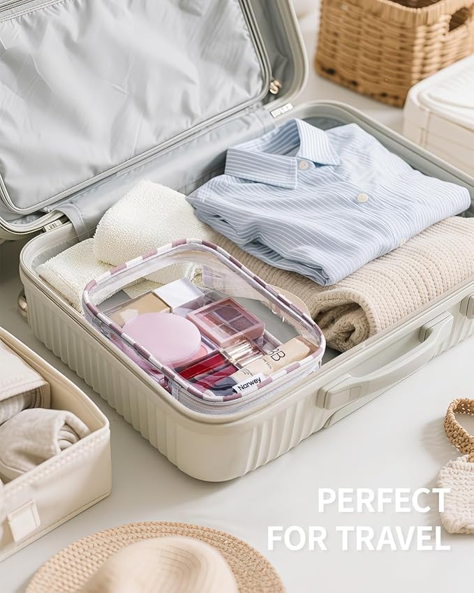 Narwey TSA Approved Clear Toiletry Bag for Travel, Waterproof PVC Clear Makeup Bags, Portable Compact Cosmetic Bag Make Up Organizer, Airport Airline Quart Size Compliant Bag (Dusty Pink Checkerboard)