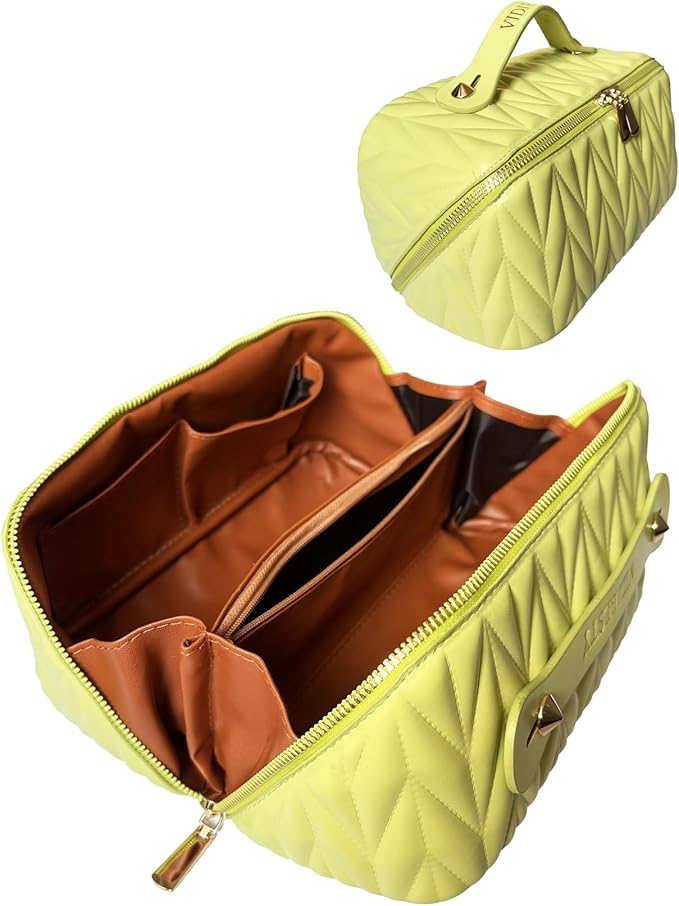 Travel Makeup Bag for Women, Large Capacity Cosmetic Bags for Girls, Compact Pouch Make up Organizer, Waterproof Toiletry Bag with Divider and Handle (Green)