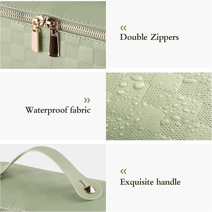 Abiudeng Travel Makeup Bag,Large Capacity Cosmetic Bags Toiletry Bag for Travel Essentials,Waterproof Portable Pouch Open Flat Makeup bag Organizer with Divider and Handle(Checkered-Green)