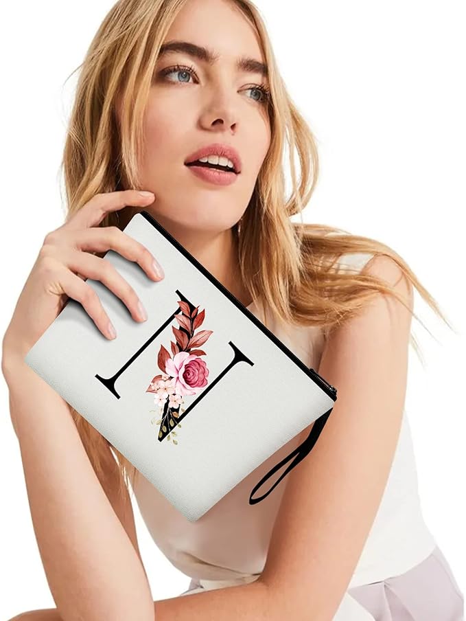 Vavabox A-Z Personalized Makeup Bag, Birthday Gifts for Women Mom, Gifts for Best Friend, Bride Bridesmaid Cosmetic bag (N, White)