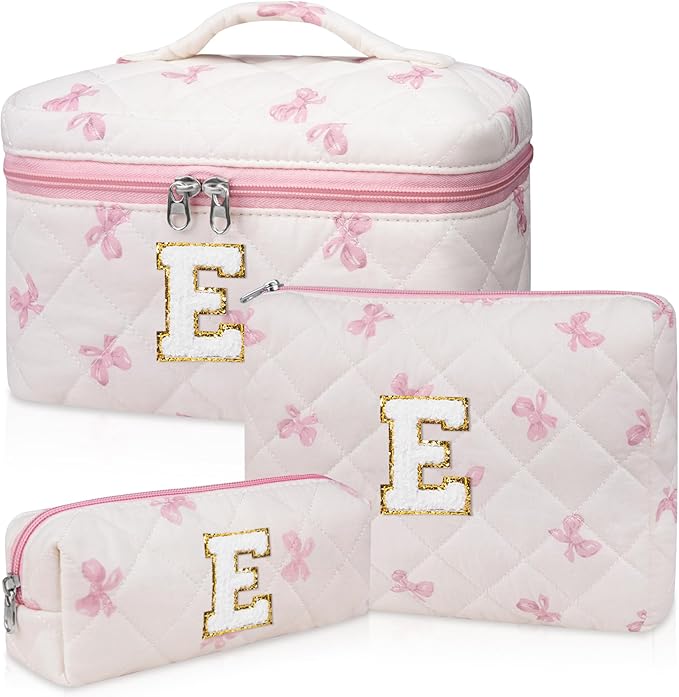 Initial Makeup Bag Set, Personalized Quilted Makeup Bag, Large Floral Cosmetic Bag for Women, Cute Cotton Custom Make up Bags, Flower Travel Toiletry Bag Teen Girl Gift Pink Butterfly E
