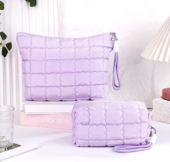 Richeart Makeup Bag Travel Toiletry Bag - Checkered Down Cotton Makeup Pouch for Women with Cosmetic and Pencil, Aesthetic Purple Design, Small
