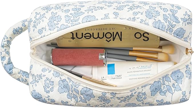 JOVAKIT Travel Makeup Bag Cosmetic Bag for Women, Christmas Gifts, Small Floral Flowers Coquette Toiletry Bag with Handle, Zipper Make Up Pouch Organizer Bag Trendy Stuff (Blue Floral)