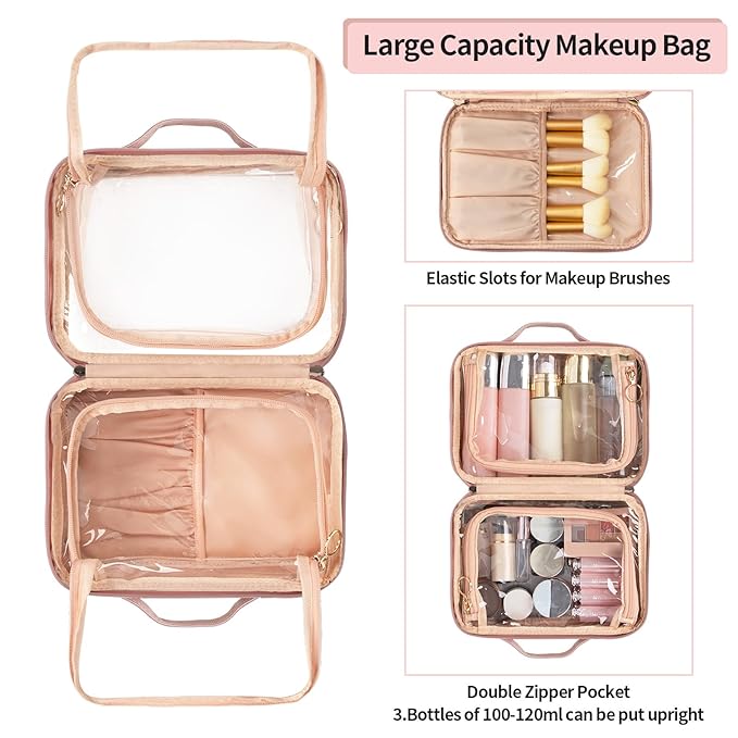 OCHEAL Clear Makeup Bag, Double Layer Cosmetic Bag, Large Capacity Minimalist Cosmetic Case for Women Travel Beauty Essentials, Multiple Compartments Makeup Case Organizer Zipper Pouch -Nude Pink