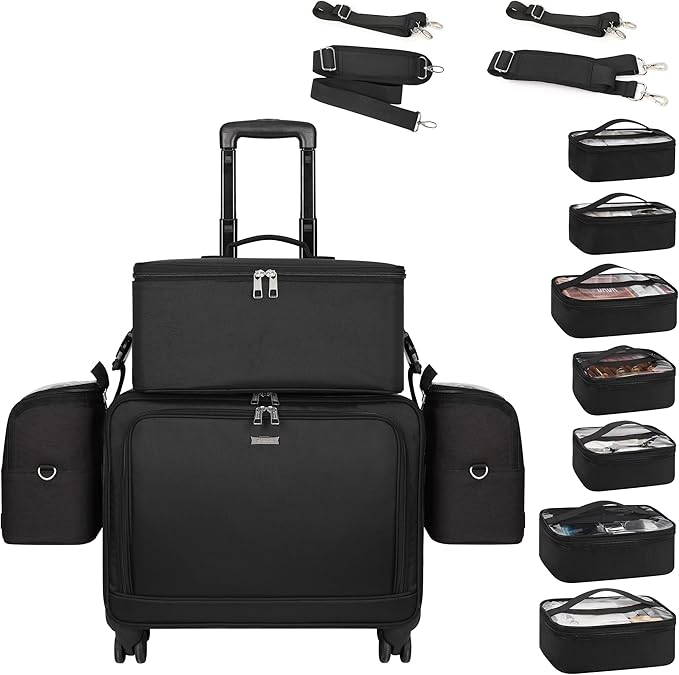 TANTO Rolling Makeup Bag Professional Makeup Artist Bags 4 in 1 Makeup Case on Wheels Rolling Cosmetics Organizer Extra Large Cosmetology Case With 360° Swivel Wheels and Adjustable Dividers