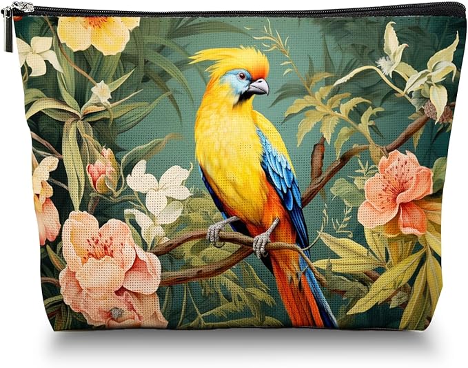 Makeup Bag Travel Cosmetic Bags Small Makeup Case Waterproof Zipper Pouch for Women Girls 7X9inches - Colorful Bird on A Branch with Tropical Flowers