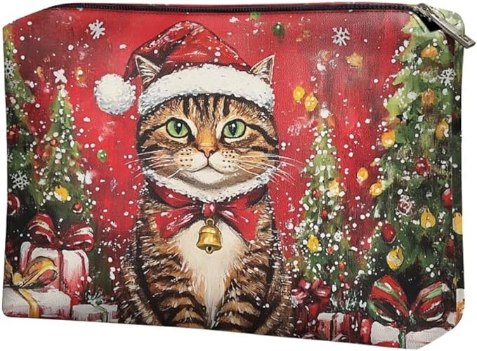 COEQINE Christmas Tree Cat Cosmetic Bag for Women Leather Waterproof Phone Pouch Travel Makeup Bag Large Capacity Waterproof Portable Wallet Handbags with Zipper Ladies Xmas Gifts